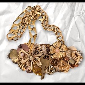 Huge Chunky Handmade Statement Necklace Collage Art Upcycled Vintage Gold